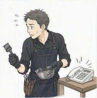 カラー塗布中の予約電話、ありがたいけど今じゃない・・・